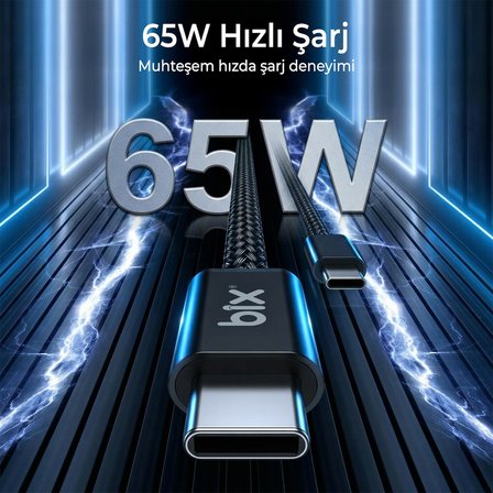 Bix T4CC 65W Type-C to Type-C Örgülü Manyetik Tasarım Hızlı Şarj ve Data Kablosu 1 Metre Mavi