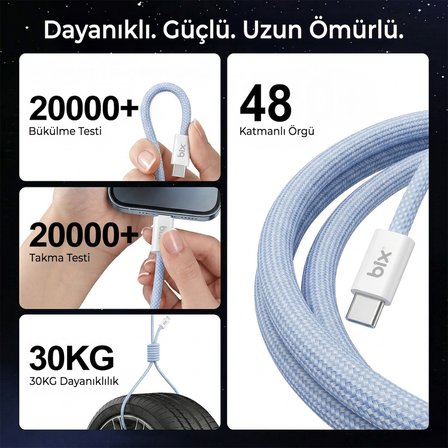 Bix T4CC 65W Type-C to Type-C Örgülü Manyetik Tasarım Hızlı Şarj ve Data Kablosu 1 Metre Turuncu