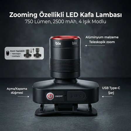 Bix BXT1FL Şarjlı Kafa Lambası 750 Lümen 10W LED Kafa Feneri Type-C Zoom Özellikli