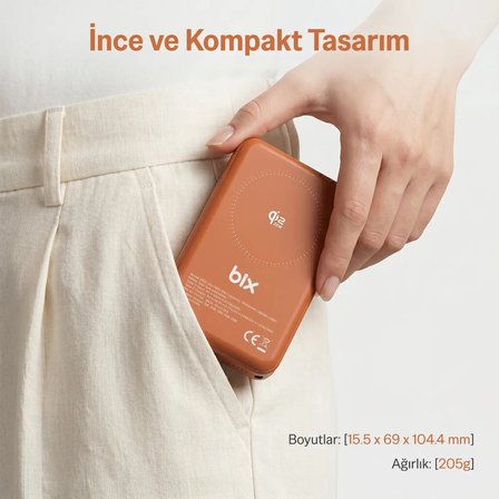 Bix PB121 25W Qi2.2 Kablosuz Magsafe PD 3.0 10000mAh Semi-Solid Bataryalı Hızlı Şarj USB-C Kablolu Powerbank Koyu Mavi