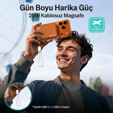 Bix PB121 25W Qi2.2 Kablosuz Magsafe PD 3.0 10000mAh Semi-Solid Bataryalı Hızlı Şarj USB-C Kablolu Powerbank Siyah
