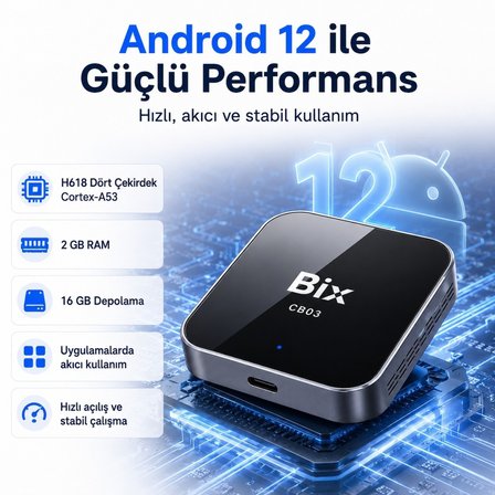 Bix CB03 Kablosuz CarPlay Android Auto USB Adaptörü, Android 12 AI Box, Netflix YouTube TikTok Sosyal Medya Destekli, 2.4G/5G WiFi Bluetooth 5.4, TF Kartlı, Kablolu Araçlar İçin