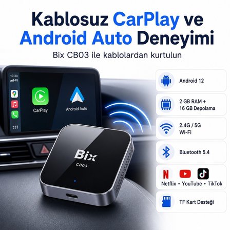 Bix CB03 Kablosuz CarPlay Android Auto USB Adaptörü, Android 12 AI Box, Netflix YouTube TikTok Sosyal Medya Destekli, 2.4G/5G WiFi Bluetooth 5.4, TF Kartlı, Kablolu Araçlar İçin