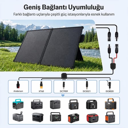 Bix 100W Katlanabilir Taşınabilir Solar Şarj Paneli USB-A Type-C DC Çıkışlı Power Station Uyumlu Outdoor Kamp Karavan Güneş Paneli Konnektör Kit Dahil