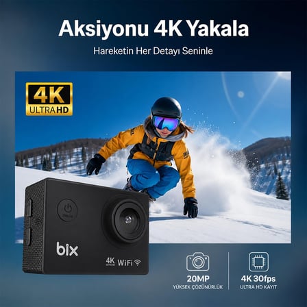Bix Pulse2 4K 30FPS 20MP Wi-Fi Aksiyon Kamerası 30 Metre Su Geçirmez Kılıflı Bisiklet Motosiklet Vlog Kamerası Siyah