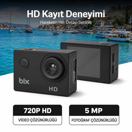 Bix Edge 720P HD 5MP Su Geçirmez Aksiyon Kamerası Motosiklet Bisiklet Kask ve Su Altı Kamerası