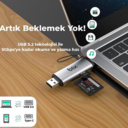 Bix ADP-11 Type-C ve USB 3.2 SD ve Micro SD OTG Hafıza Kartı Okuyucu