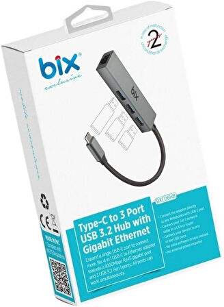 Bix Bxc06hb Type-c'den 3 Bağlantı Noktalı Gigabit Ethernet Usb 3.2 Hub - Teşhir