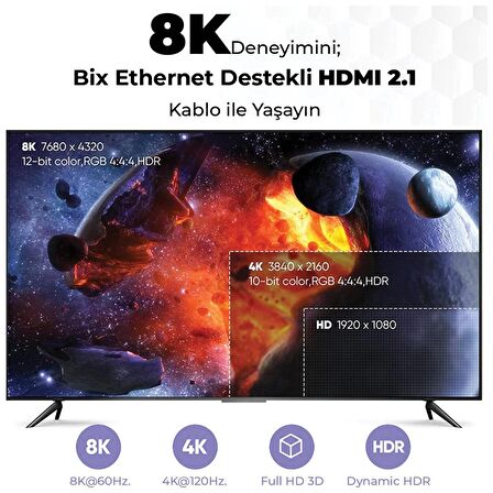 Bix PHD02 8K 60Hz Yüksek Hızlı Ethernet ve HDMI Kablosu 2 Metre