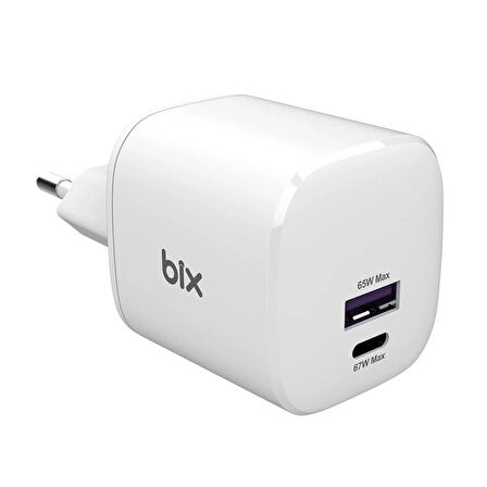 Bix SV67 67W GaN SuperVooc 2.0 Type-C ve USB-A Çift Bağlantı Noktalı Yüksek Hızlı Şarj Cihazı