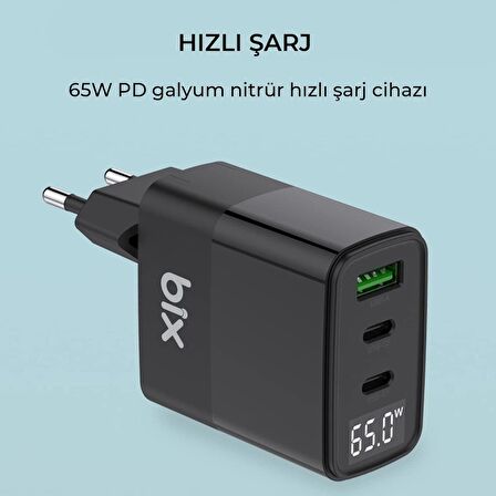 Bix Göstergeli Type-C 65 Watt Hızlı Şarj Aleti Siyah