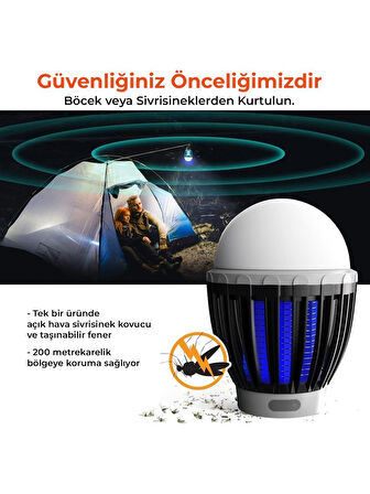 Bix Şarjlı Sivrisinek Kovucu Kamp Lambası UV LED Böcek Tuzağı 3 Kademeli Fener IPX6 Su Geçirmez Böcek Kovucu Siyah
