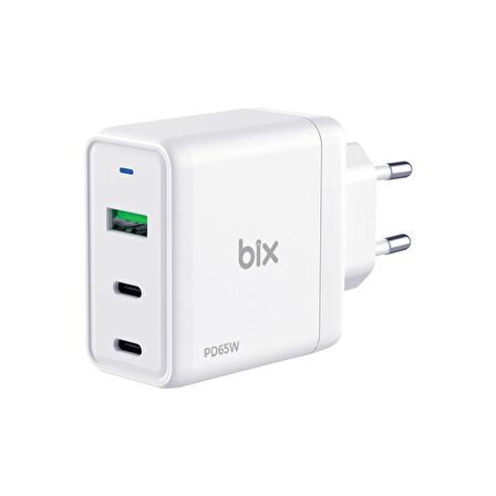 Bix 65W GaN USB Type-C QC 4.0 PD 3 Portlu Hızlı Şarj Cihazı Beyaz