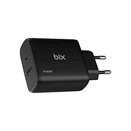 Bix BX2P65G 65W GaN USB-C + USB-A Şarj Aleti iPhone iPad PD PPS Type-C Hızlı Şarj Cihazı Siyah