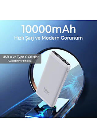 Bix BXPB11 10000MAH 20W Pd Type-C ve Usb-A Scp 22.5W Qc 3.0 18W Çift Çıkışlı LED Ekranlı Powerbank Beyaz