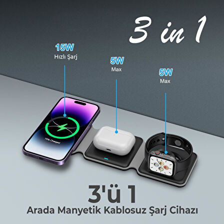 Bix 15W 3’ü 1 Arada iPhone Apple Watch AirPods Uyumlu Katlanabilir Şarj Standı Manyetik Kablosuz Şarj İstasyonu