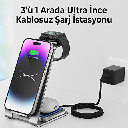 Bix 15W 3’ü 1 Arada iPhone Apple Watch AirPods Uyumlu Ultra İnce Manyetik Kablosuz Şarj İstasyonu