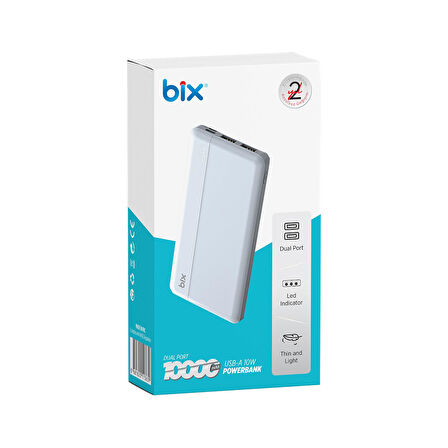 Bix 10000mAh Çift USB Çıkışlı ve LED Bildirimli Portatif Powerbank Beyaz