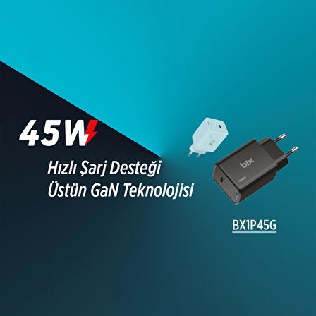 Bix BX1P45G 45W GaN Type-C PD PPS Akım Korumalı LED Göstergeli Hızlı Şarj Aleti Beyaz