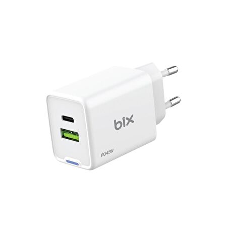 Bix BX2P46G 45W GaN USB-C + USB-A Şarj Aleti iPhone iPad PPS PD Type-C Hızlı Şarj Cihazı Beyaz