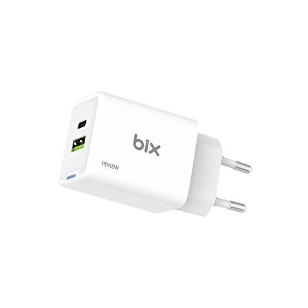 Bix BX2P46G 45W GaN USB-C + USB-A Şarj Aleti iPhone iPad PPS PD Type-C Hızlı Şarj Cihazı Beyaz