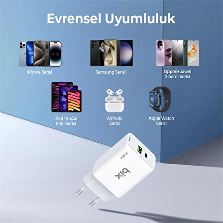Bix BX2P46G 45W GaN USB-C + USB-A Şarj Aleti iPhone iPad PPS PD Type-C Hızlı Şarj Cihazı Beyaz