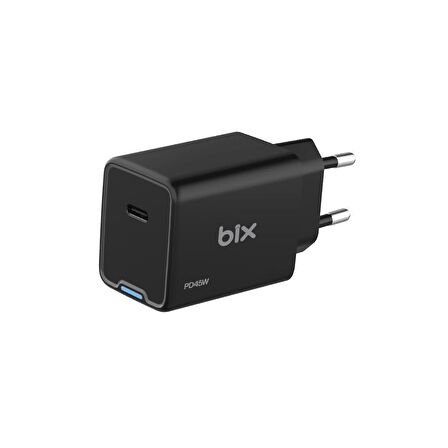 Bix BX1P45G 45W GaN Type-C PD PPS Akım Korumalı LED Göstergeli Hızlı Şarj Aleti Siyah