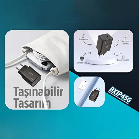 Bix BX1P45G 45W GaN Type-C PD PPS Akım Korumalı LED Göstergeli Hızlı Şarj Aleti Siyah