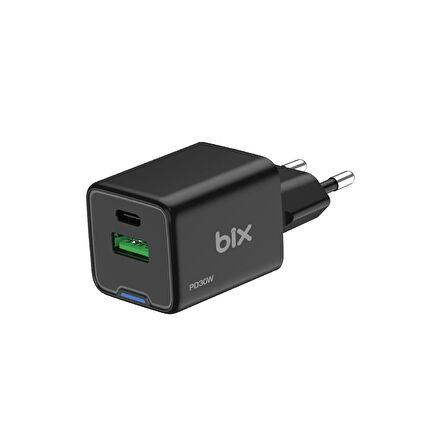 Bix 30W GaN USB-C + USB-A Hızlı Şarj Adaptörü iPhone, Android ve iPad Uyumlu Type-C PD PPS Şarj Aleti Siyah