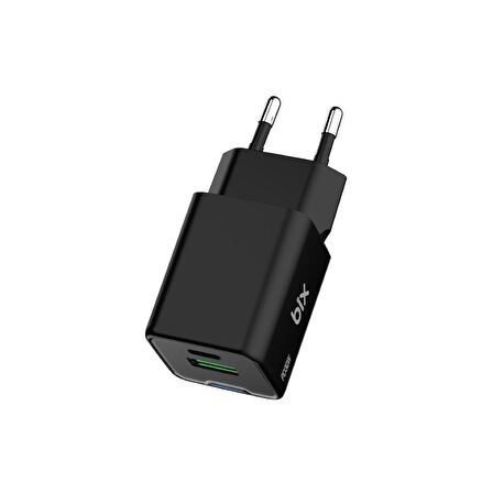 Bix 30W GaN USB-C + USB-A Hızlı Şarj Adaptörü iPhone, Android ve iPad Uyumlu Type-C PD PPS Şarj Aleti Siyah