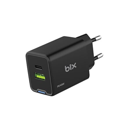 Bix BX2P46G 45W GaN USB-C + USB-A Şarj Aleti iPhone iPad PPS PD Type-C Hızlı Şarj Cihazı Siyah