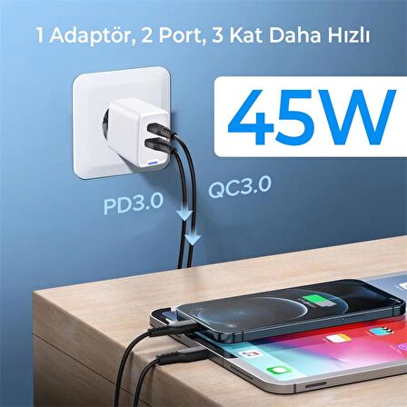 Bix BX2P46G 45W GaN USB-C + USB-A Şarj Aleti iPhone iPad PPS PD Type-C Hızlı Şarj Cihazı Siyah
