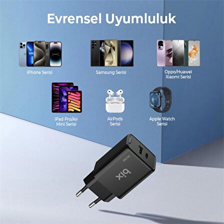 Bix BX2P46G 45W GaN USB-C + USB-A Şarj Aleti iPhone iPad PPS PD Type-C Hızlı Şarj Cihazı Siyah