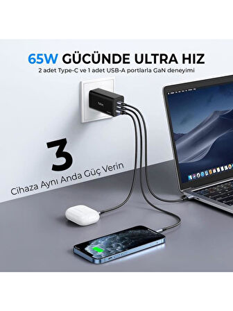 Bix Bx3p66g Gan 65w 2xtype-c 1X Usb 3 Portlu Hızlı şarj adaptörü 