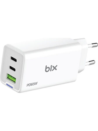 Bix Bx3p66g Gan 65w 2xtype-c 1xUsb 3 Portlu Hızlı şarj adaptörü -Beyaz