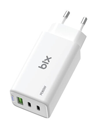 Bix Bx3p66g Gan 65w 2xtype-c 1xUsb 3 Portlu Hızlı şarj adaptörü -Beyaz