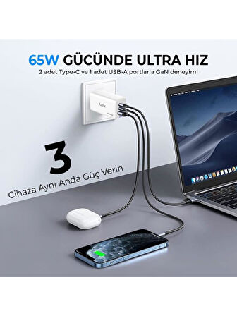 Bix Bx3p66g Gan 65w 2xtype-c 1xUsb 3 Portlu Hızlı şarj adaptörü -Beyaz
