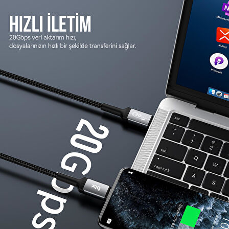 Bix 100W Hi-Speed 20Gbps 4K 60Hz Örgülü Metalik Başlıklı Type-C Şarj Data ve Görüntü Kablosu Koyu Gri 1 Metre