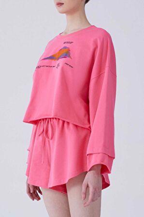 Desenli Crop Sweatshirt   Pembe