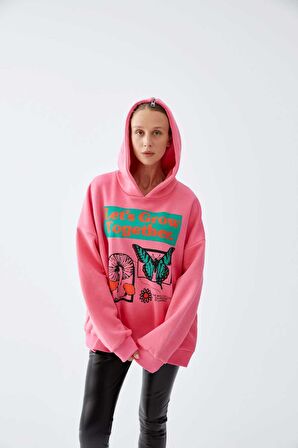 Hoodie Baskılı  Kadın Sweatshirt   Pembe