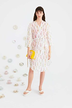 Beli Kuşaklı Desenli Kimono Standart Renk