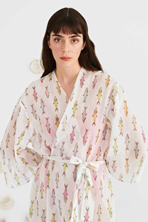 Beli Kuşaklı Desenli Kimono Standart Renk