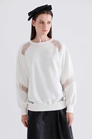 Dantel Detaylı  Kadın Sweatshirt   Ekru