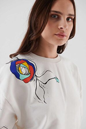 Baskılı  Sweatshirt   Ekru