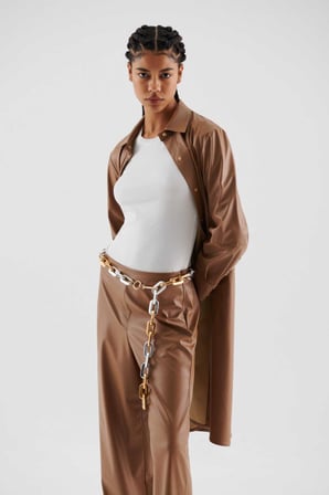 Suni Deri Gömlek Elbise   Camel