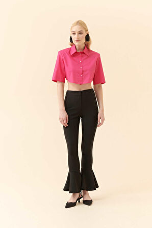 Crop Poplin Kadın Gömlek   Fuşya