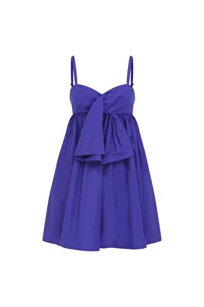 Fiyonk Detaylı Mini Tafta Saks Abiye Elbise   Saks