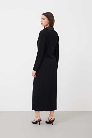 Saten Erkek Yaka Crep Gömlek Elbise Siyah