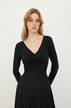 V Yaka Örme Body Suit Siyah
