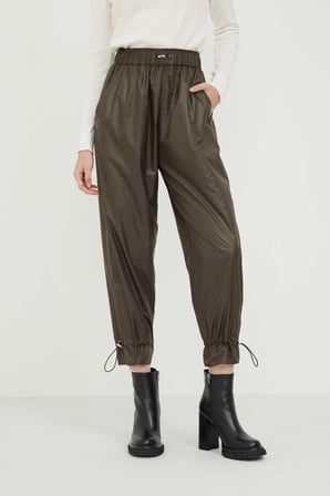 Beli Lastikli Düz Paça Sentetik Pantolon Haki
